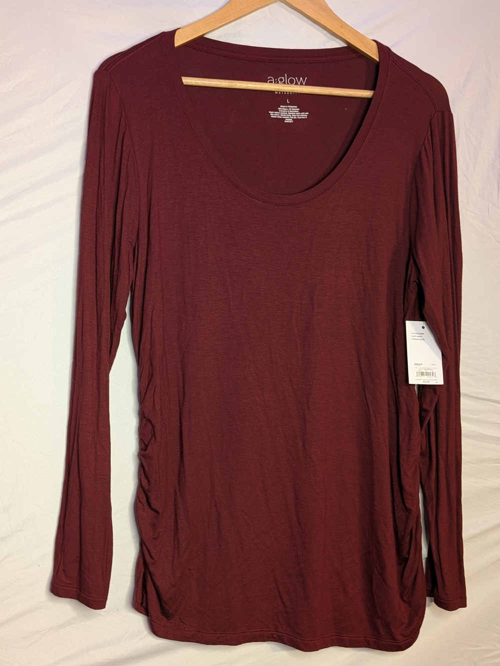 a:glow Maternity Burgundy Ruched Long Sleeve Top Large NWT